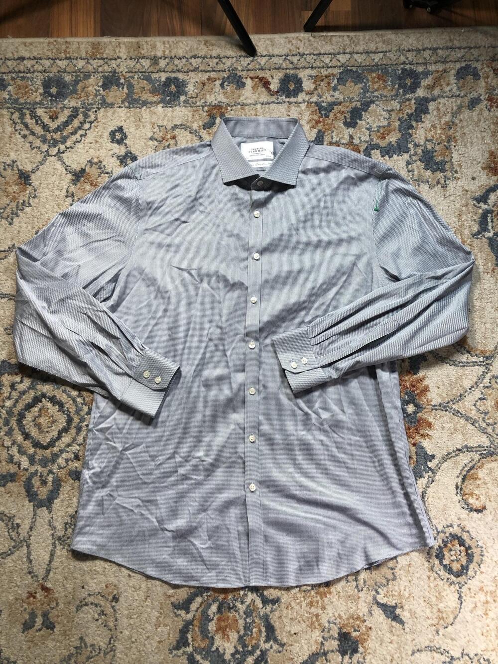 Charles Tyrwhitt Dress Shirt Mens 17.5 36/37 Gray Check Extra Slim Non Iron